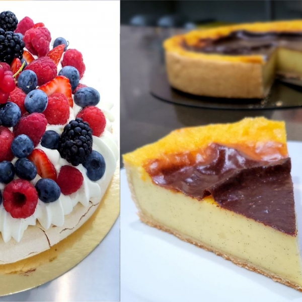 Flan parisien et pavlova aux fruits rouges