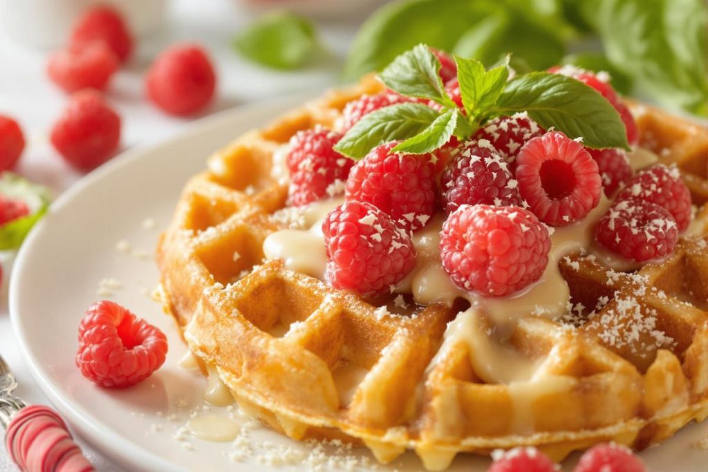 Recette de gaufres au chocolat blanc, framboises et basilic
