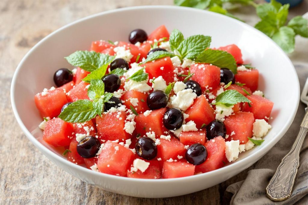 Le plat parfait à servir quand il fait chaud : un salade pastèque, feta, tomates cerise et olives !.jpg