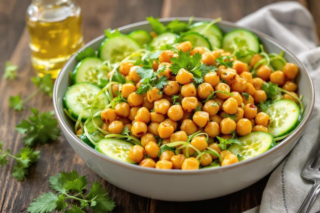 La salade de pois chiches croustillants et concombre pour un repas complet et équilibré.jpg